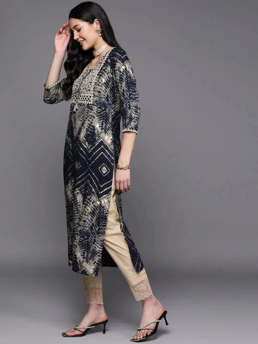 Navy Blue Yoke Design Rayon Straight Kurta