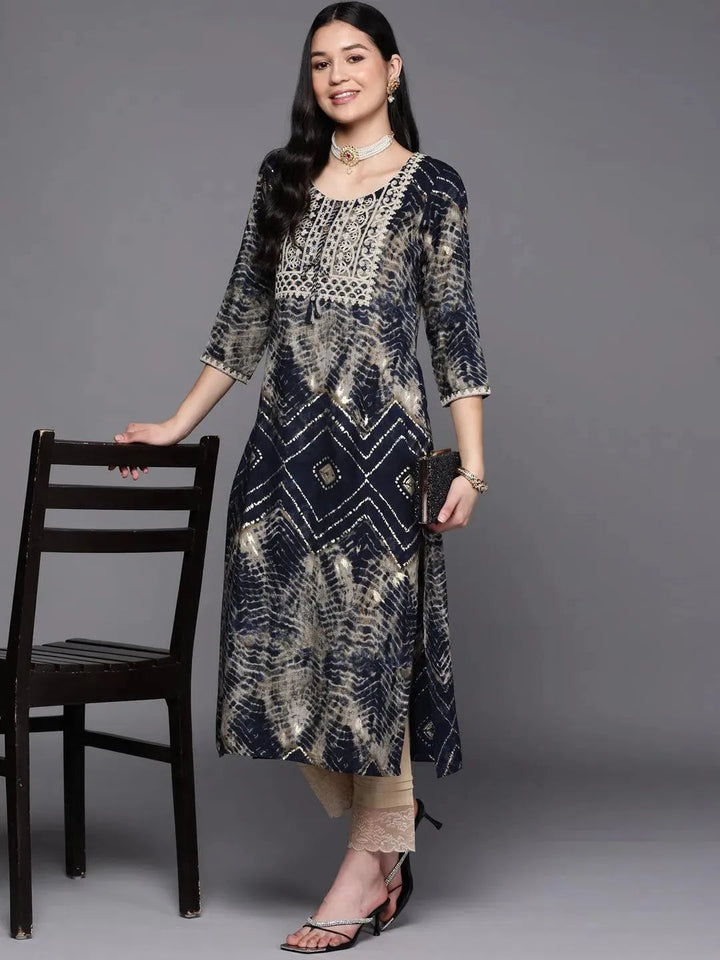 Navy Blue Yoke Design Rayon Straight Kurta