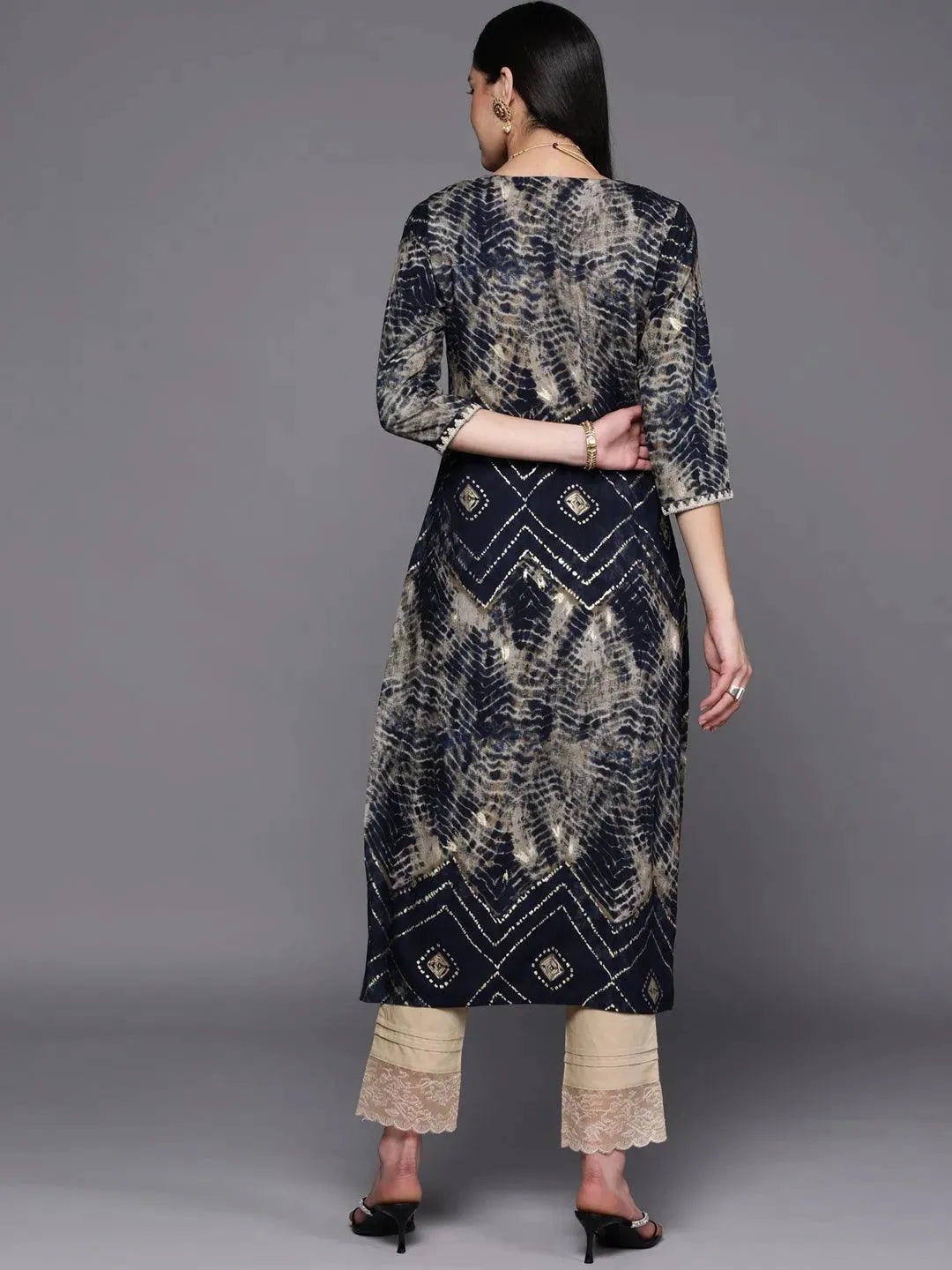 Navy Blue Yoke Design Rayon Straight Kurta