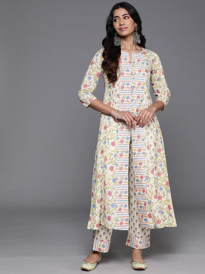 Off White Printed Cotton A-Line Kurta With Trousers