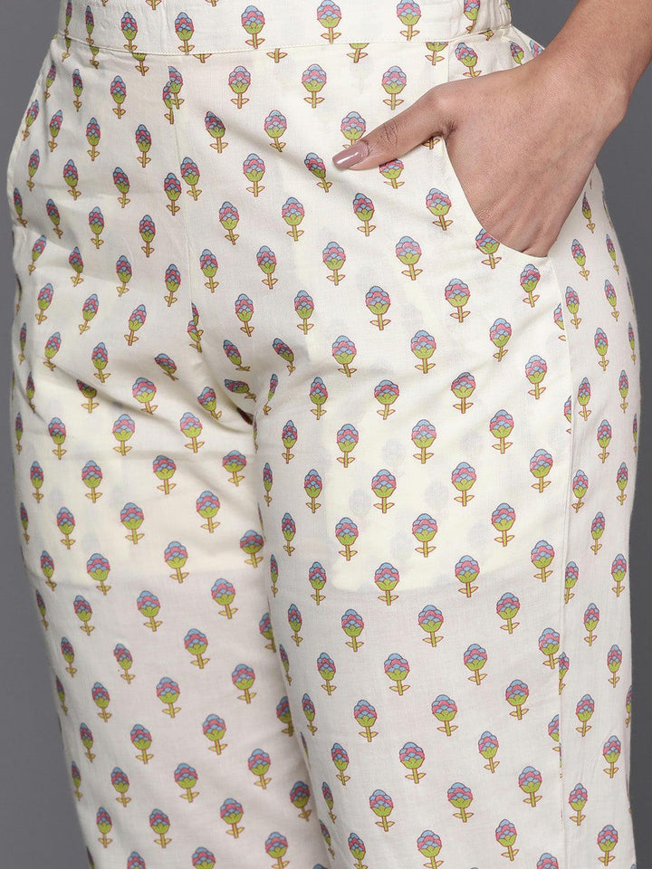 Off White Printed Cotton A-Line Kurta With Trousers