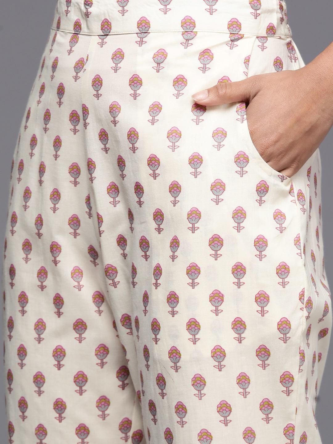 Off White Printed Cotton A-Line Kurta With Trousers