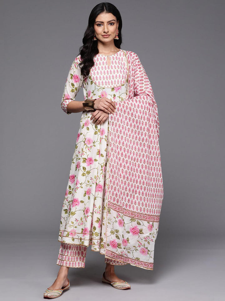 Off White Printed Cotton Anarkali Suit With Dupatta