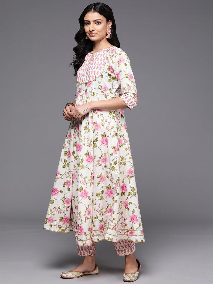 Off White Printed Cotton Anarkali Suit With Dupatta