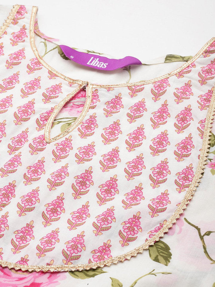 Off White Printed Cotton Anarkali Suit With Dupatta