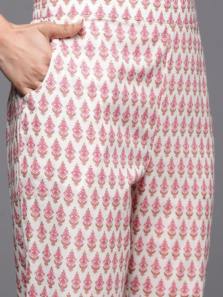 Off White Printed Cotton Anarkali Suit With Dupatta