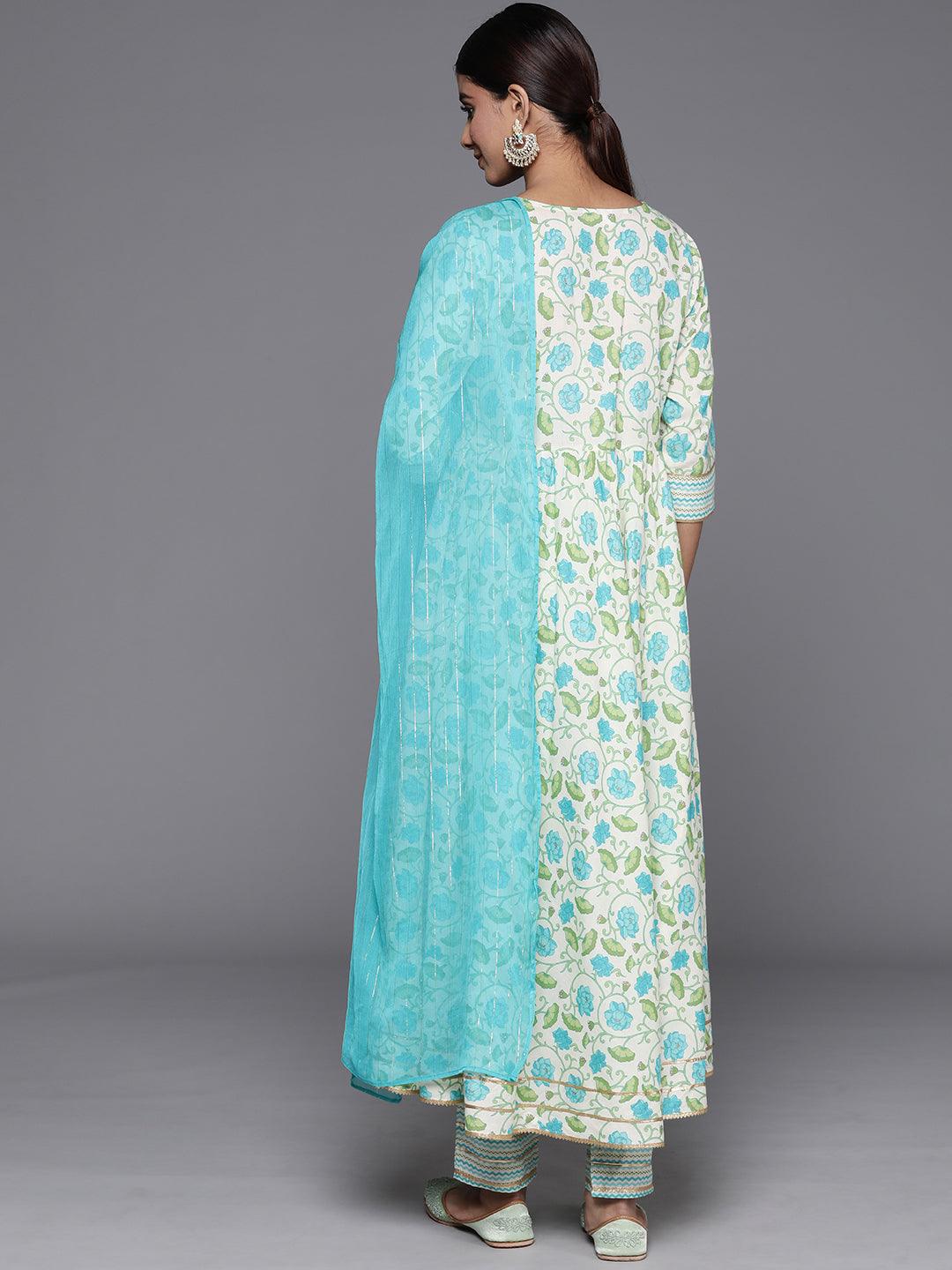 Off White Yoke Design Cotton Anarkali Kurta With Trousers & Dupatta - ShopLibas