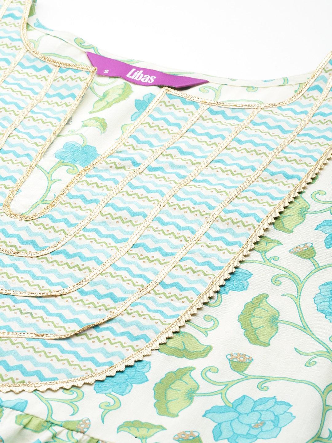 Off White Yoke Design Cotton Anarkali Kurta With Trousers & Dupatta - ShopLibas