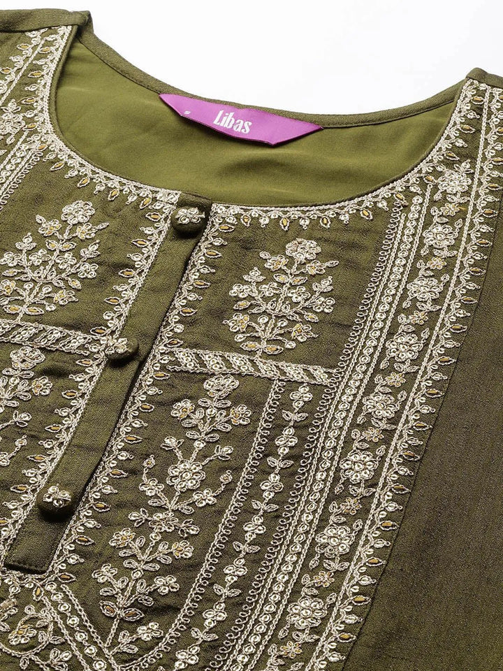 Olive Yoke Design Silk Blend Straight Suit Set