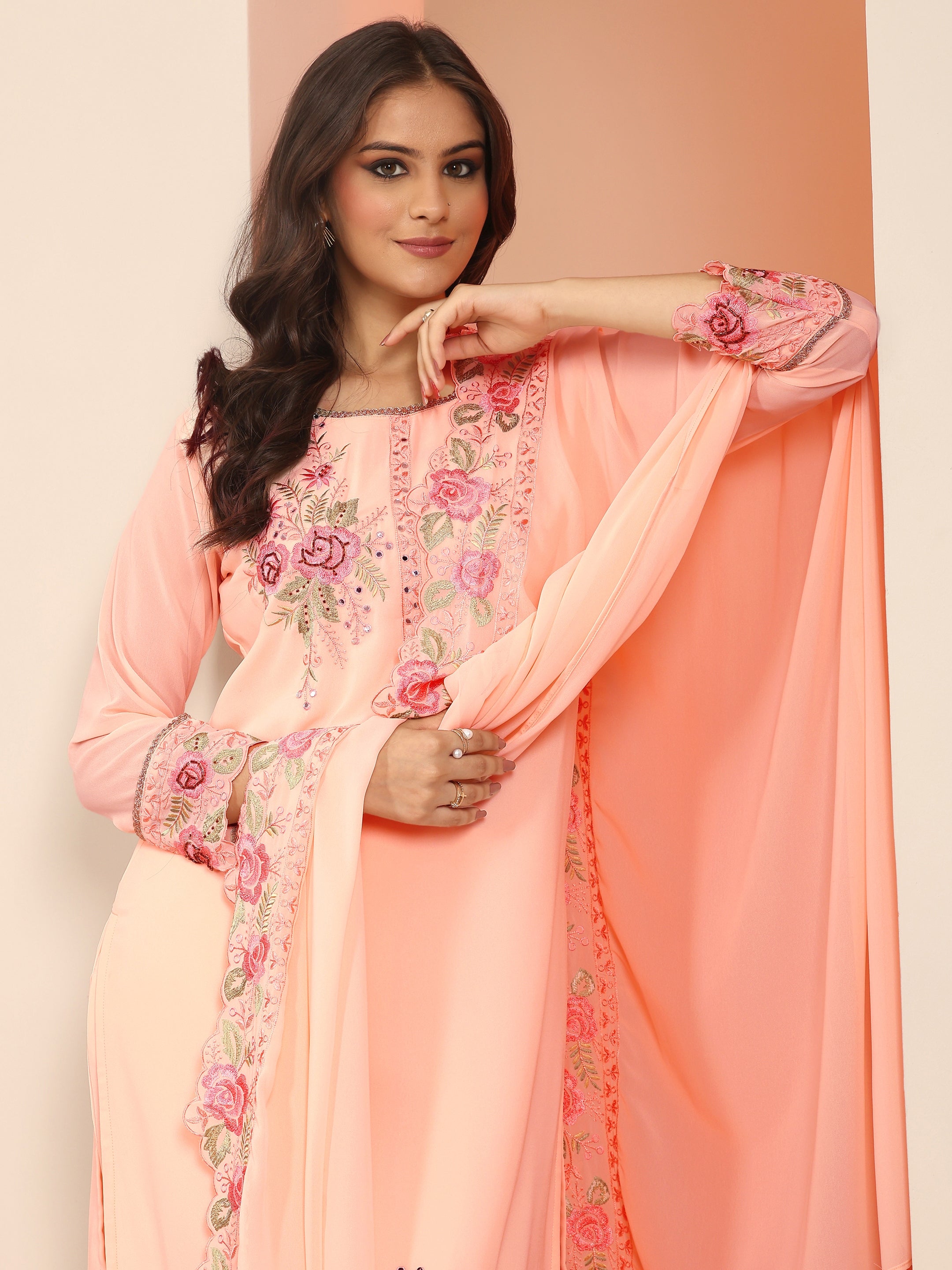Buy Libas Peach Embroidered Georgette Straight Suit Set With