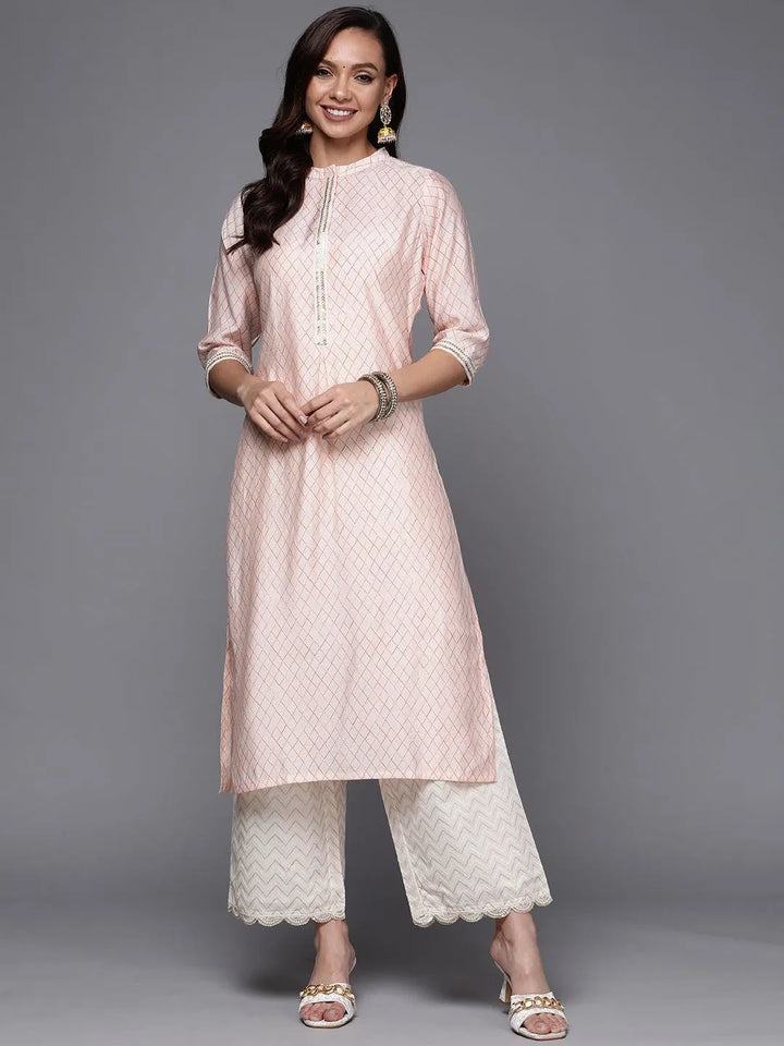 Peach Printed Silk Straight Kurta