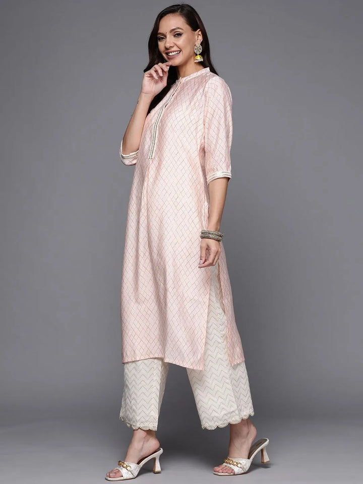 Peach Printed Silk Straight Kurta