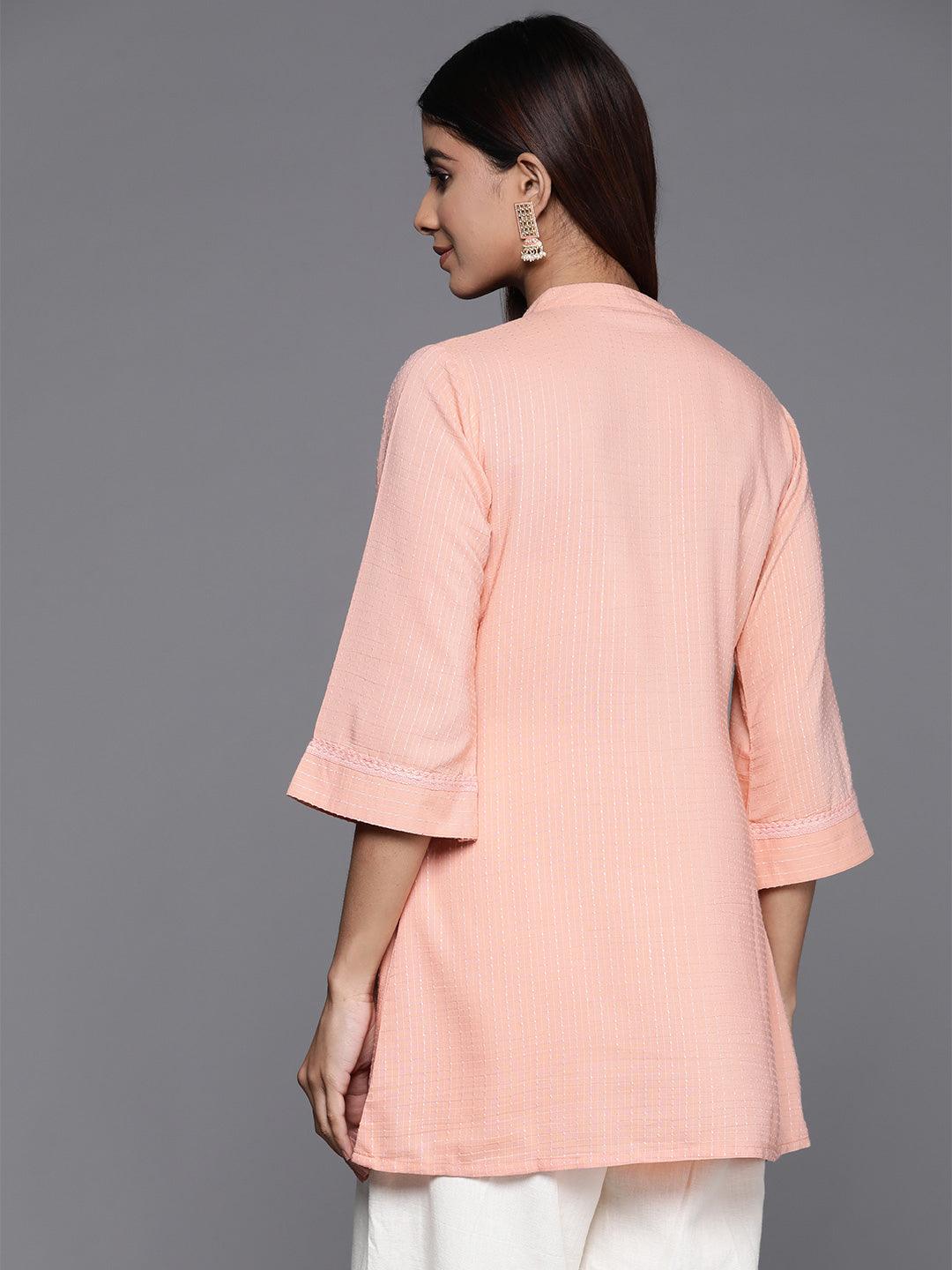 Peach Woven Design Cotton Blend Straight Kurti - ShopLibas