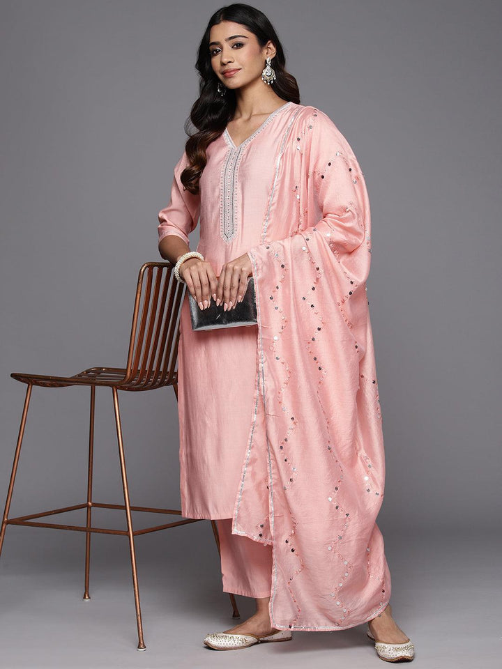 Peach Yoke Design Silk Blend Straight Suit With Dupatta
