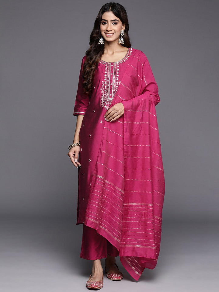 Pink Embroidered Silk Blend Straight Suit With Dupatta