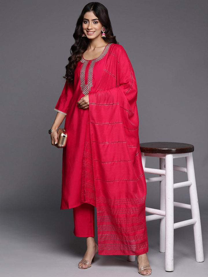 Pink Embroidered Silk Blend Straight Suit With Dupatta