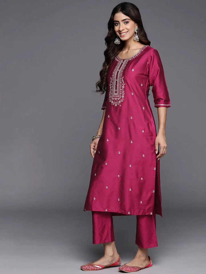 Pink Embroidered Silk Blend Straight Suit With Dupatta