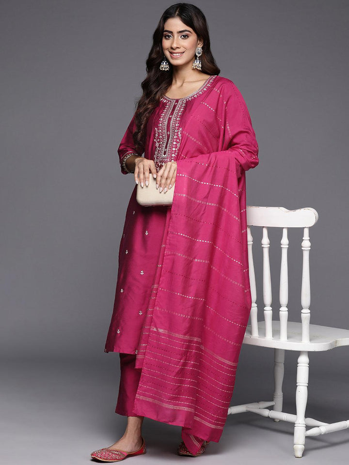 Pink Embroidered Silk Blend Straight Suit With Dupatta
