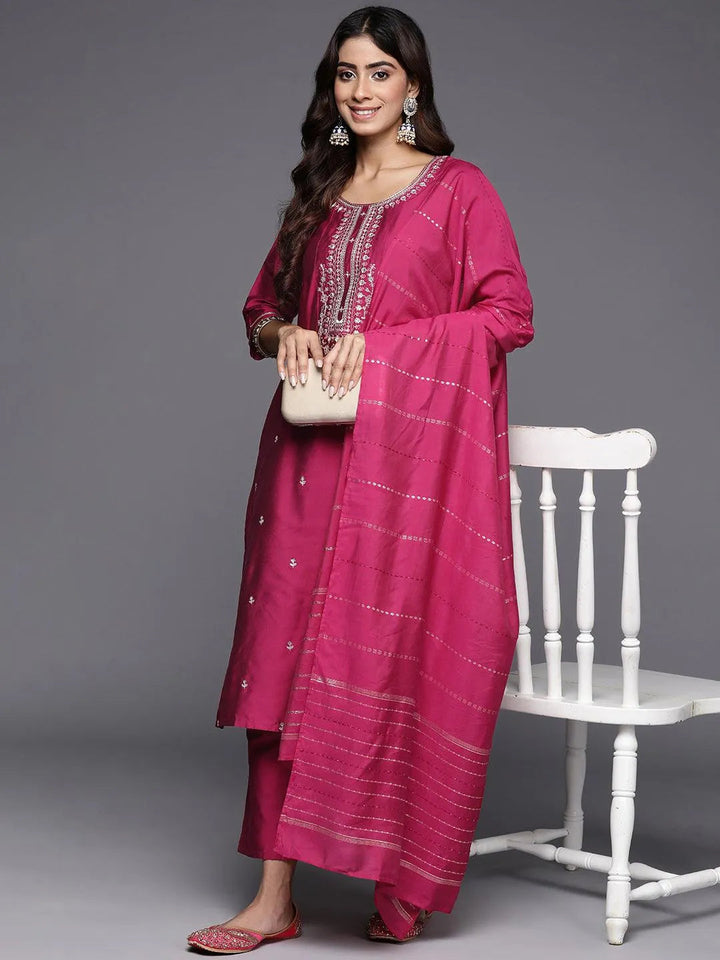 Pink Embroidered Silk Blend Straight Suit With Dupatta