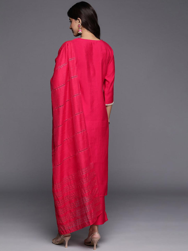 Pink Embroidered Silk Blend Straight Suit With Dupatta