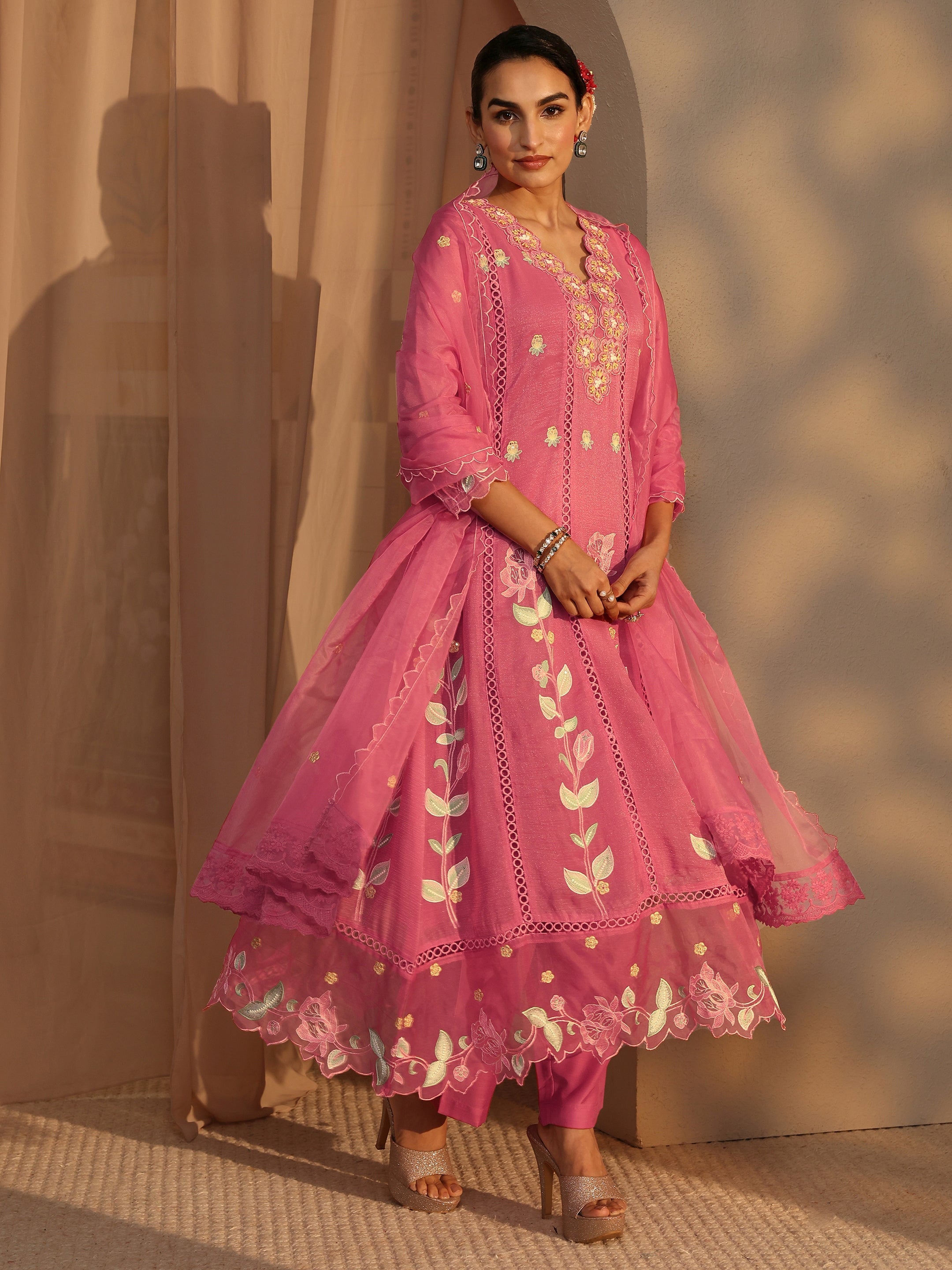 Libas Pink Floral Embroidered Chiffon Anarkali Suit Set With Dupatta