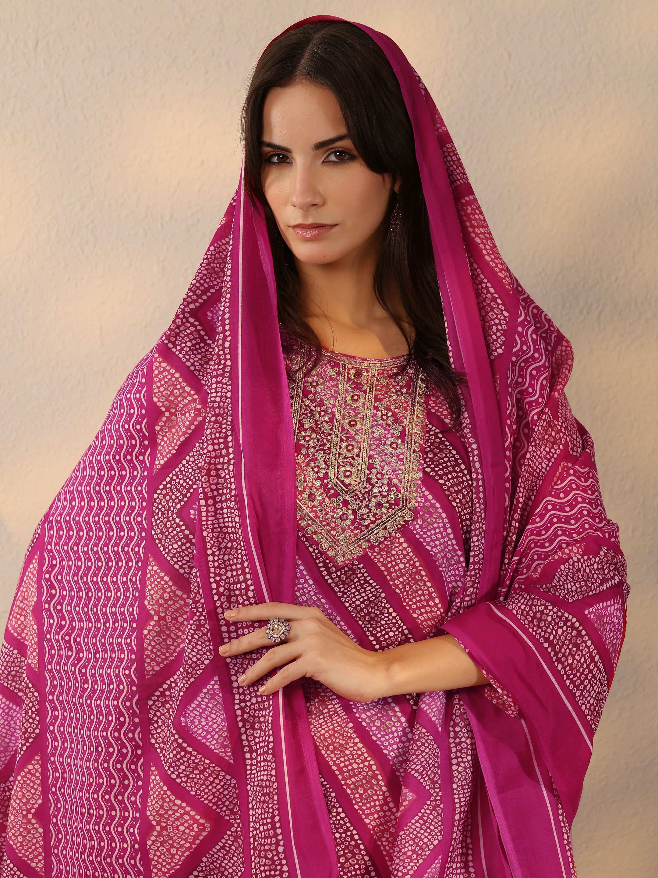 Black Printed Silk Blend Straight Suit Set