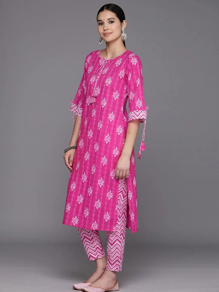 Pink Printed Cotton Straight Kurta With Trousers & Dupatta