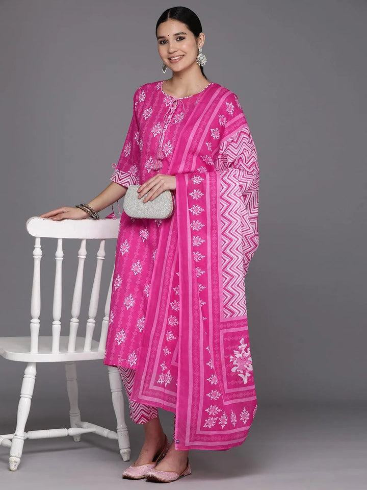 Pink Printed Cotton Straight Kurta With Trousers & Dupatta