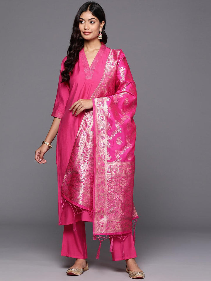 Pink Solid Silk Blend Straight Suit With Dupatta