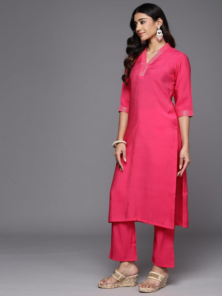 Pink Solid Silk Blend Straight Suit With Dupatta