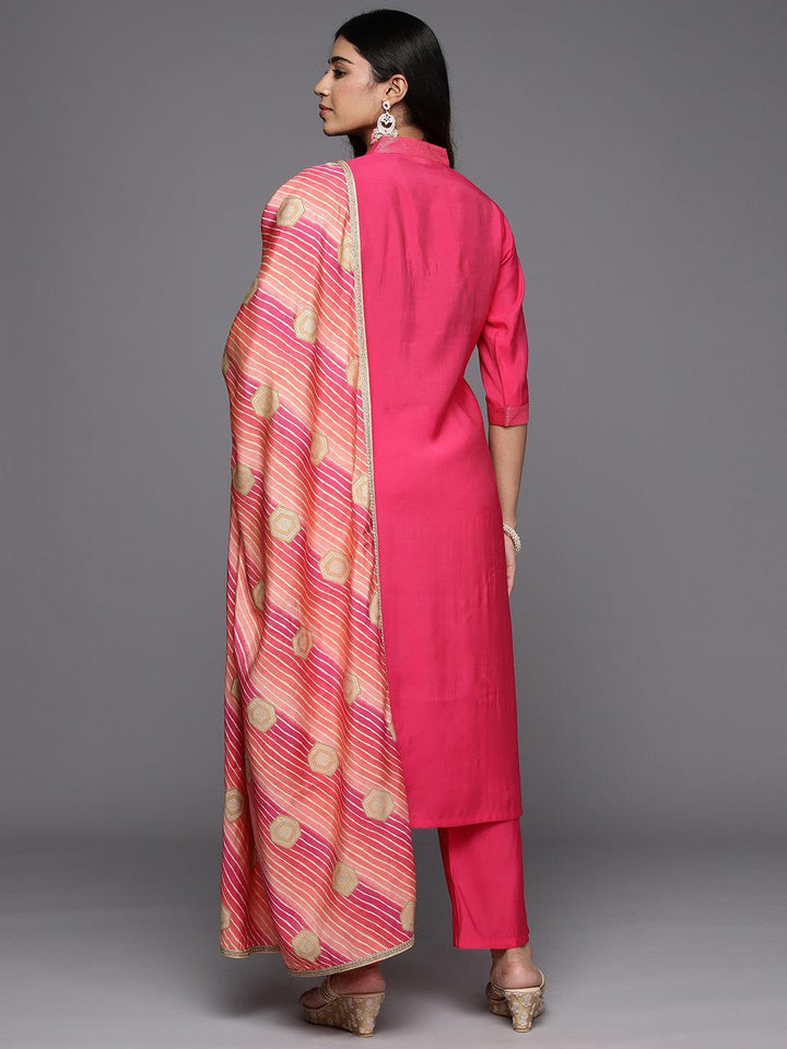 Pink Solid Silk Blend Straight Suit With Dupatta