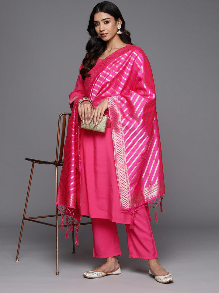 Pink Solid Silk Blend Straight Suit With Dupatta