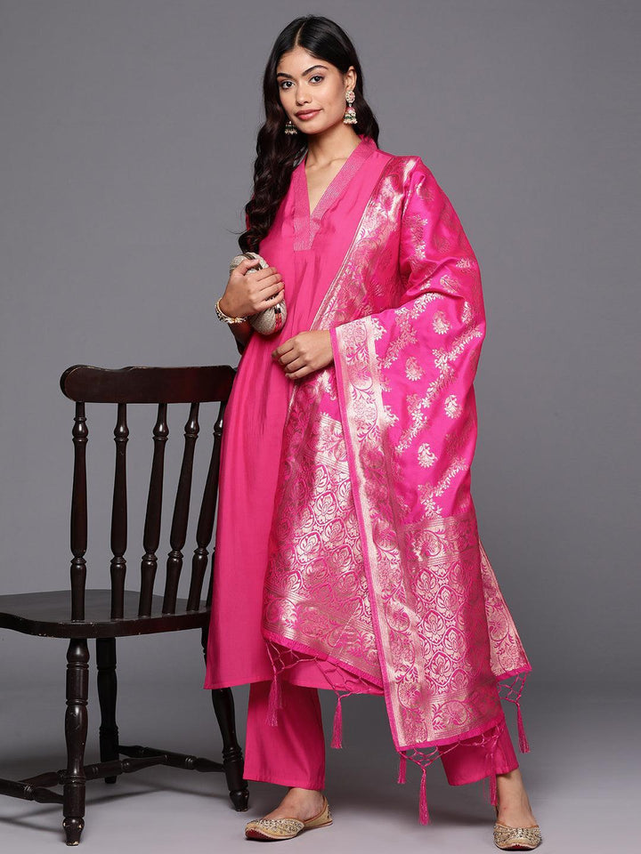Pink Solid Silk Blend Straight Suit With Dupatta