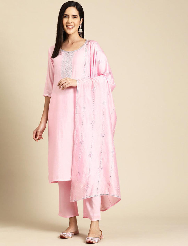 Pink Yoke Design Silk Blend Straight Suit With Dupatta