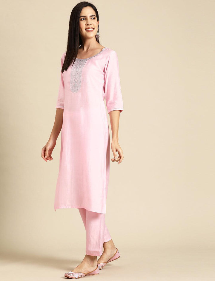 Pink Yoke Design Silk Blend Straight Suit With Dupatta