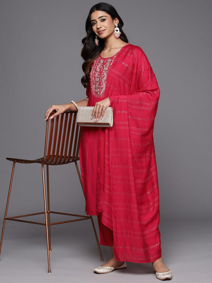 Pink Yoke Design Silk Blend Straight Suit With Dupatta