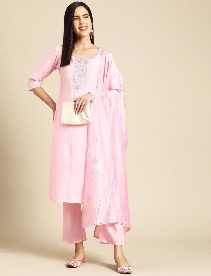 Pink Yoke Design Silk Blend Straight Suit With Dupatta