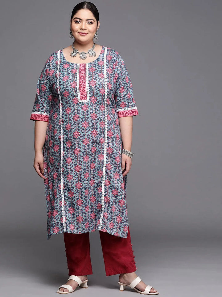 Plus Size Blue Printed Cotton Kurta