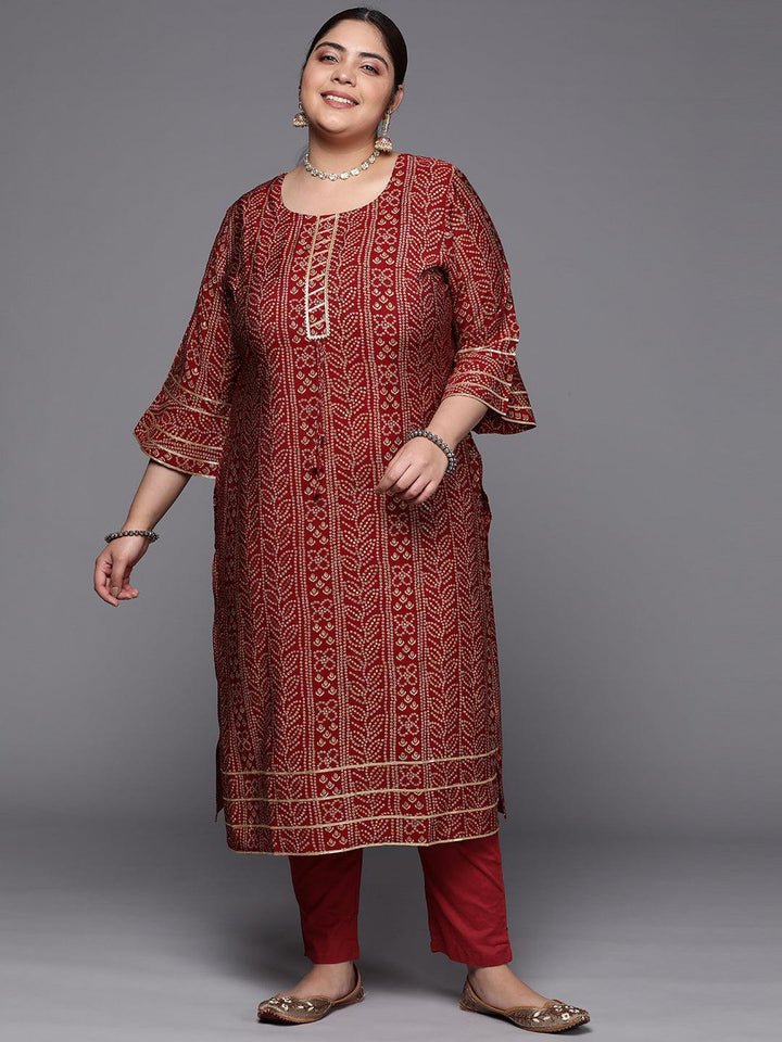 Plus Size Maroon Printed Silk Straight Kurta