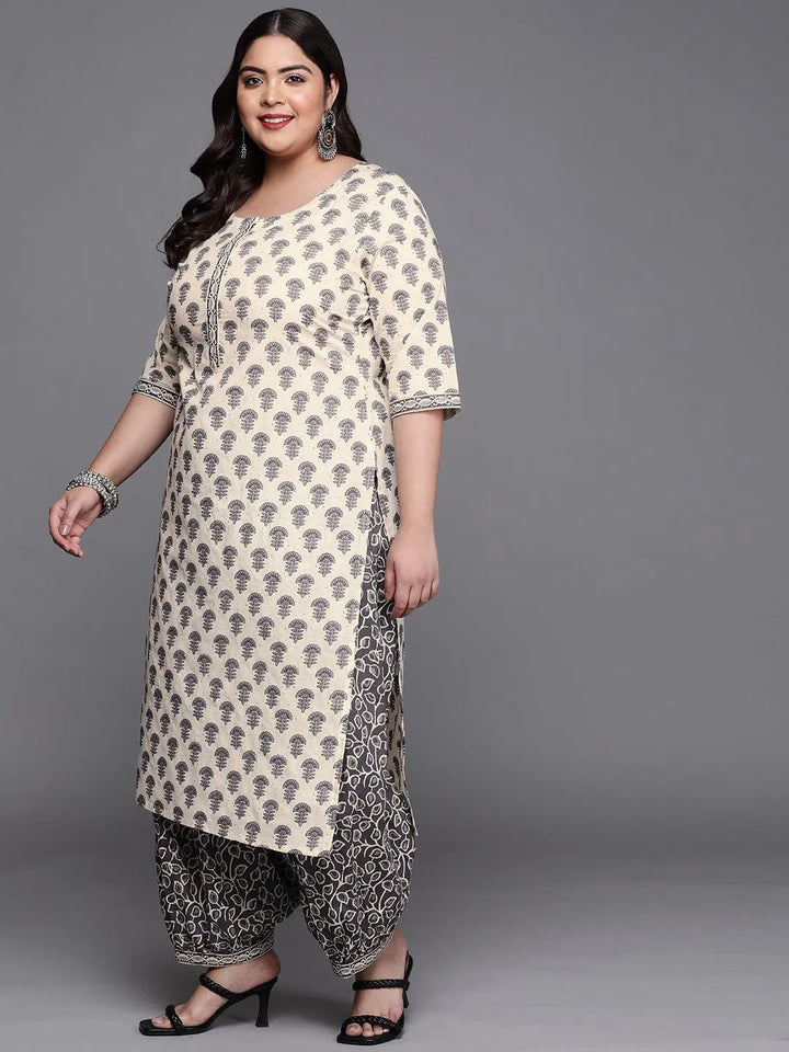 Plus Size Off White Printed Cotton Suit Set