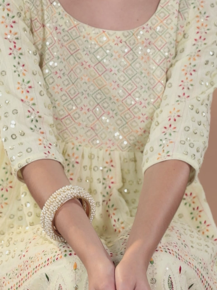 Lemon Embroidered Georgette A-Line Kurti With Sharara & Dupatta