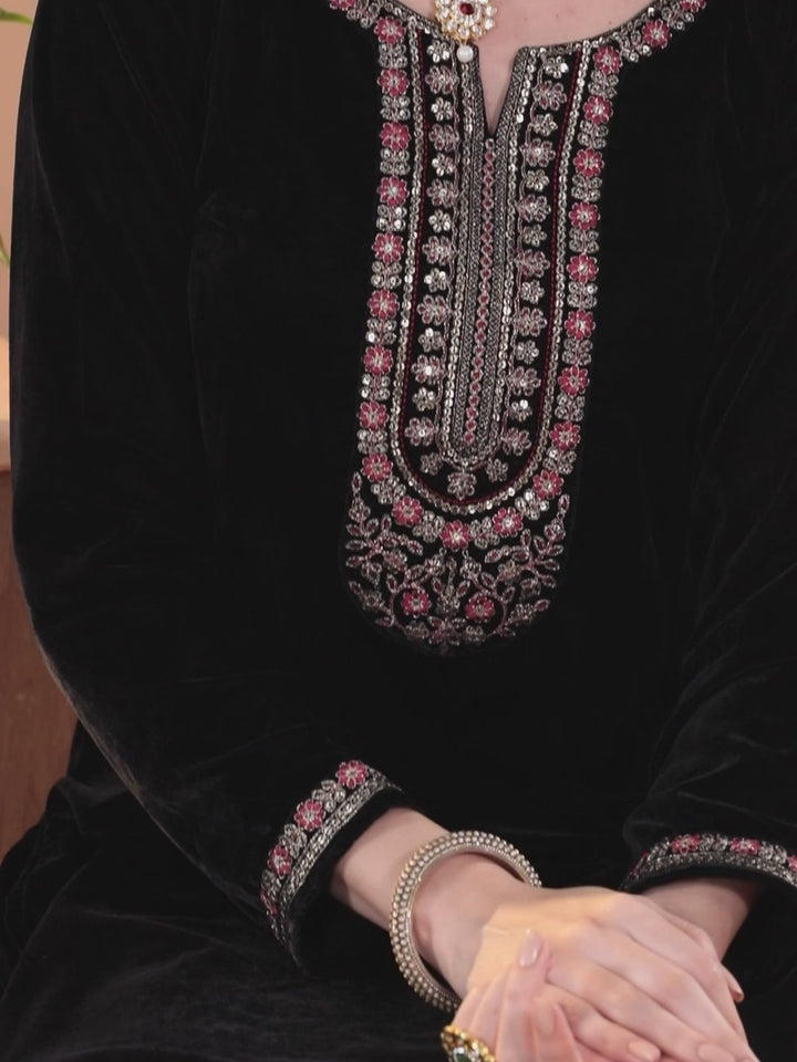 Black Yoke Design Velvet Straight Suit With Dupatta
