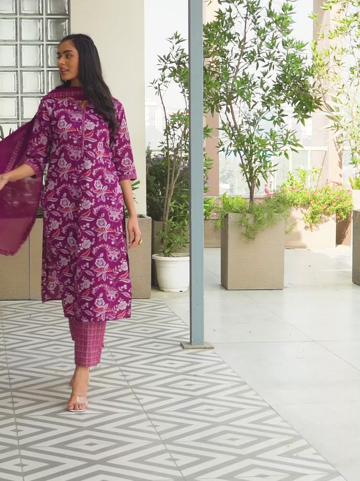 Wine Printed Cotton Straight Suit With Dupatta