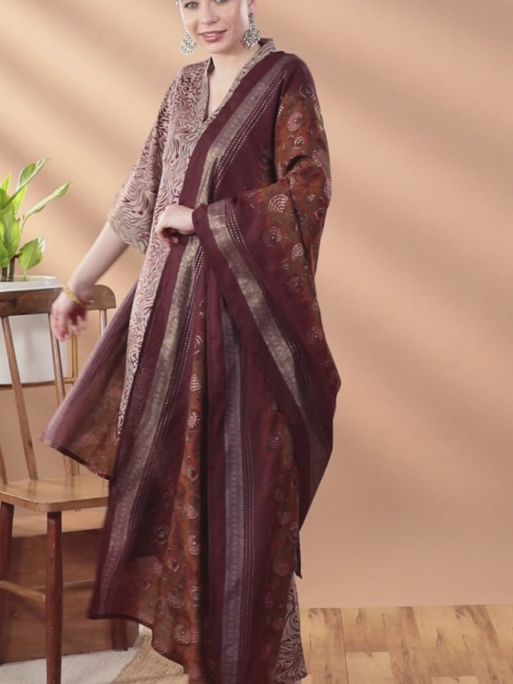 Maroon Printed Silk Blend Straight Suit With Dupatta