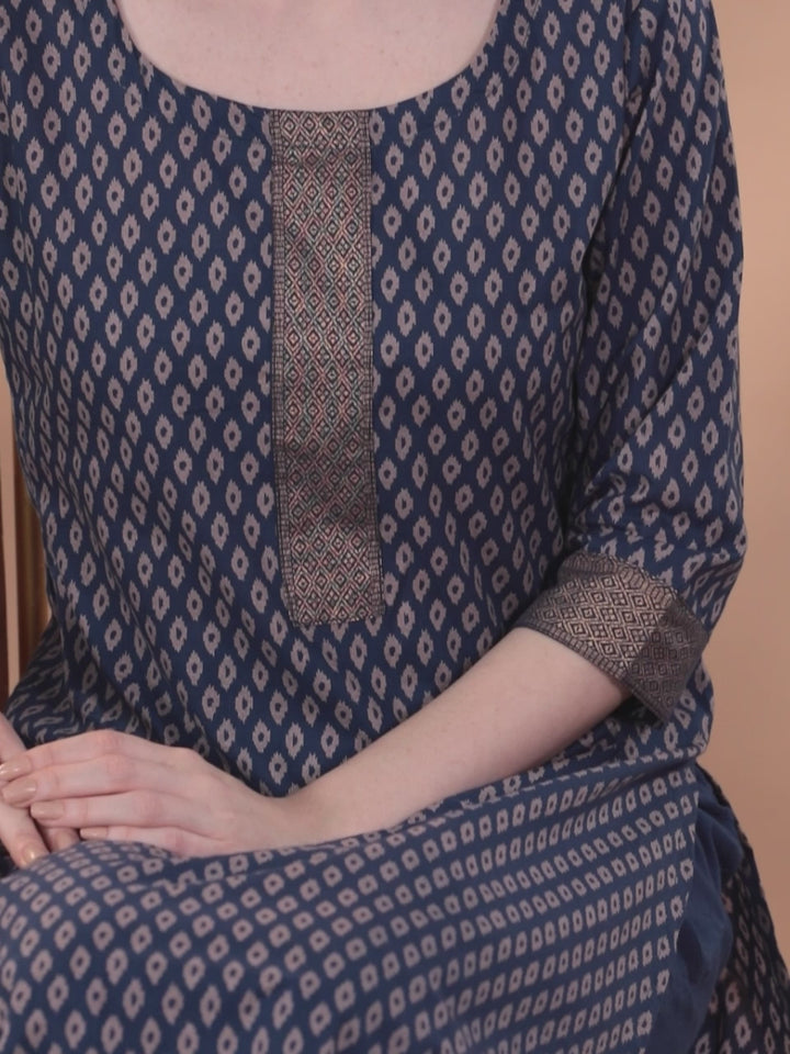 Blue Printed Cotton Straight Suit With Dupatta