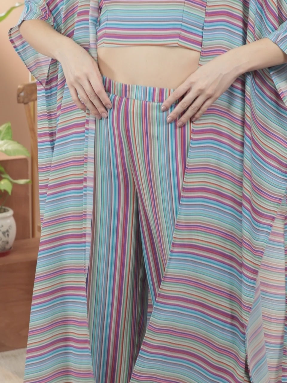 Multicoloured Striped Georgette 3 Piece Co-Ords