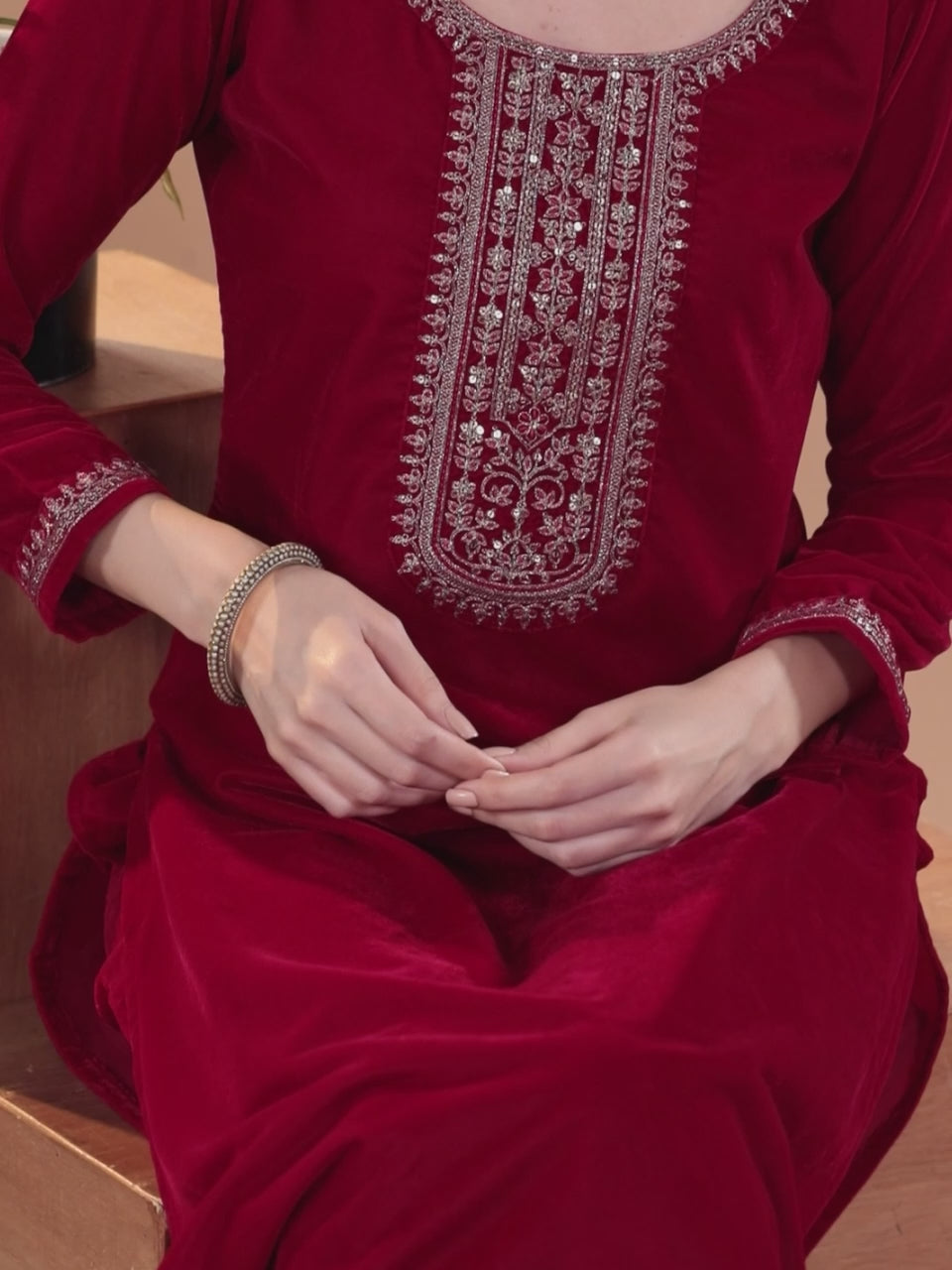 Pink Yoke Design Velvet Straight Suit With Dupatta