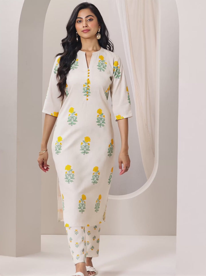 Off white Printed Cotton Straight Kurta Set