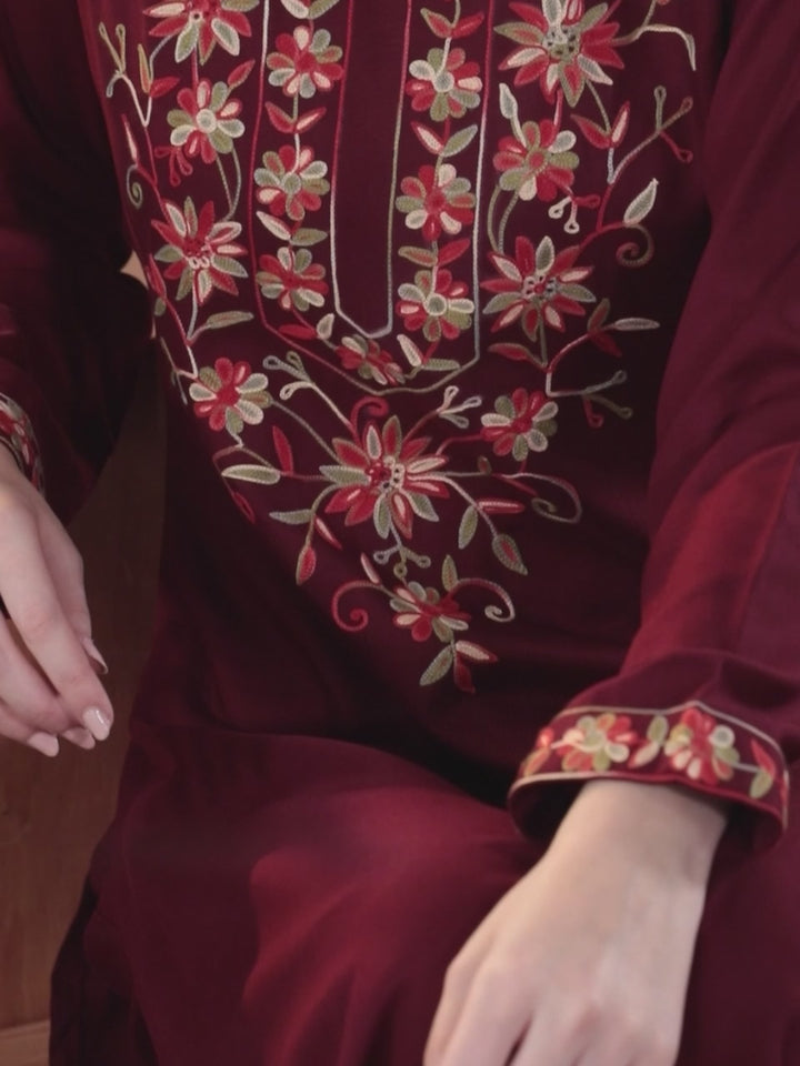 Maroon Yoke Design Wool Blend Straight Kurta Set