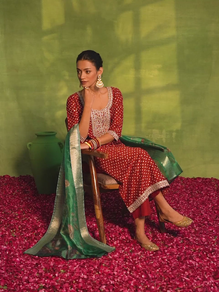 Maroon Printed Silk Blend Straight Suit With Dupatta